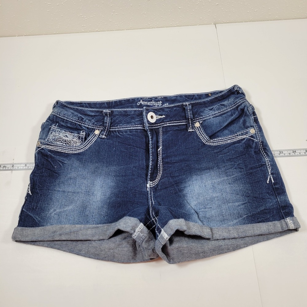 Amethyst Jeans Denim Shorts Womens 11 Blue Excellent Embroidered Cuffed Boho